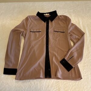 Love Culture Sheer Taupe Black Collared Button Long Sleeve Blouse Women's Size S
